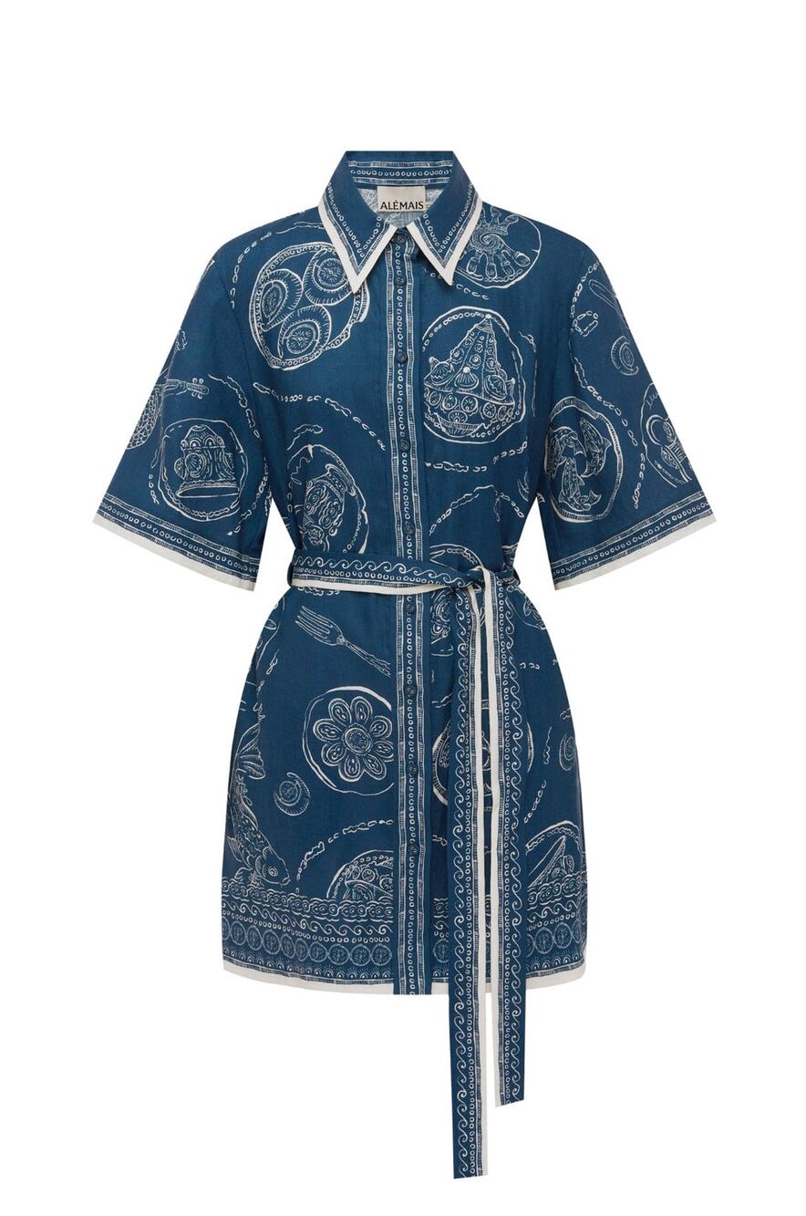 Alemais Lucky Mini Dress in Blue Linen